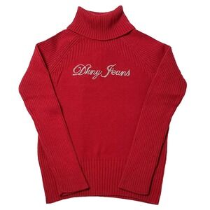 DKNY Jeans Womens Turtleneck Knit Sweater L Red Embellished Rhinestone Logo Chic